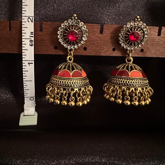 Bollywood Desi Boho Jhumka Antique Gold Tone w/Red Accent Earrings - Picture 4 of 5